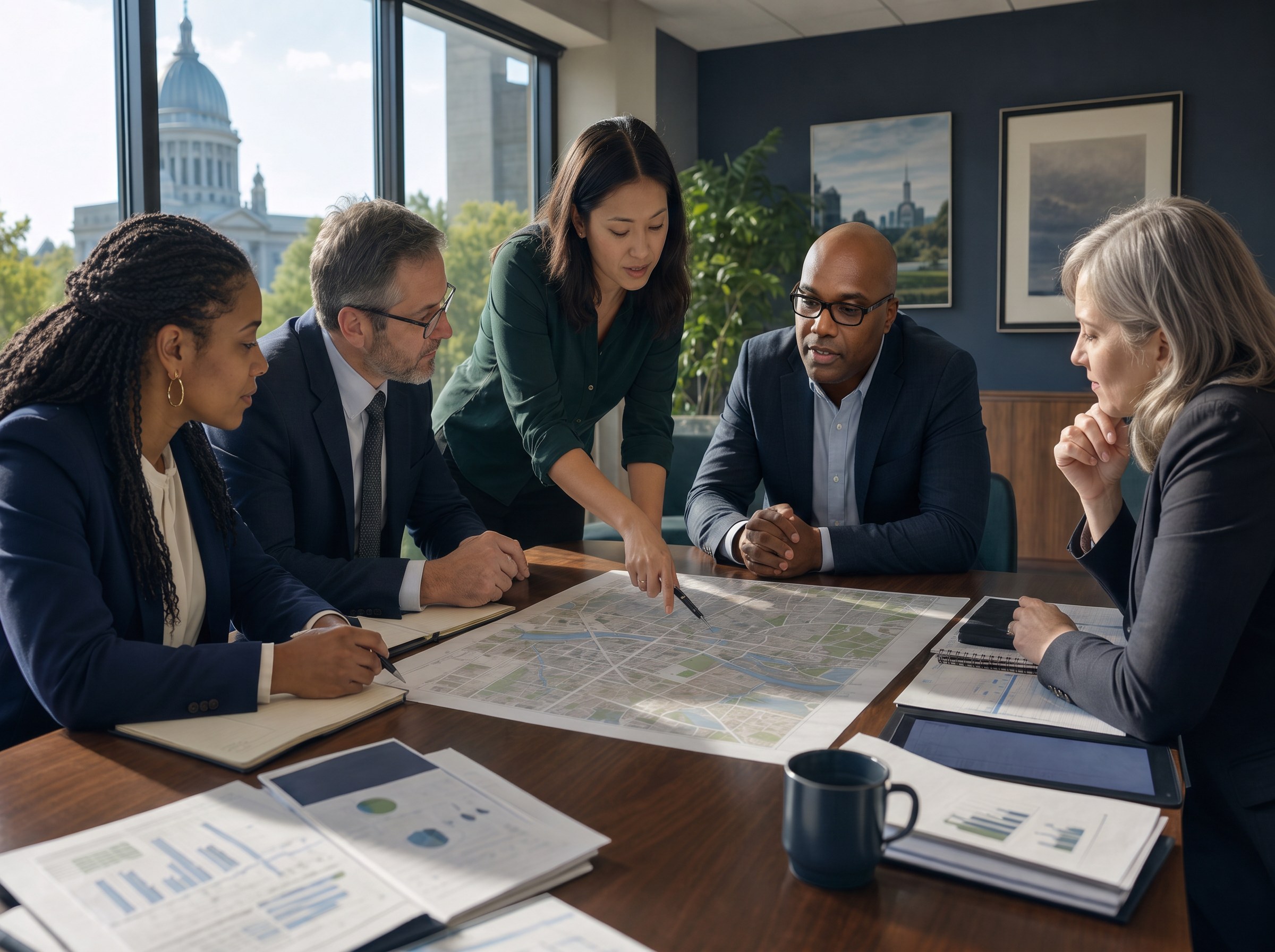 Local government professionals collaborating over a city planning map in a municipal meeting room